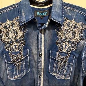 Roar Distressed Blue Denim Shirt with Embroidery